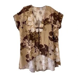 Soft Focus | Brown Boho Floral Linen Blend Short Sleeve Duster Cardigan, 1X
